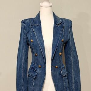 Double-Breasted Denim Blazer with Gold Buttons